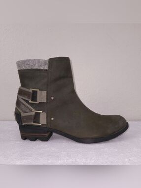 SOREL Lolla Ankle Booties Olive Nubuck Belted Heeled Waterproof Boots US 10